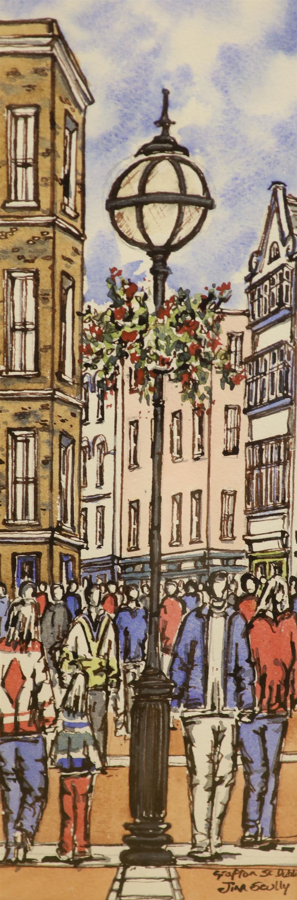 Jim Scully, ink and watercolour, Grafton Street, Dublin, signed, 35 x 12.5cm